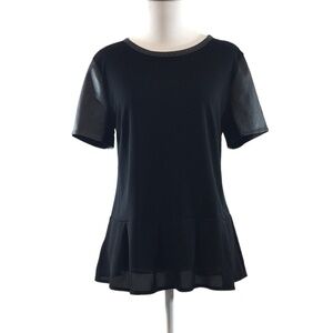 LOFT Ann Taylor Black Ribbed‎ Peplum Top Womens Medium Short Sleeve Faux Leather